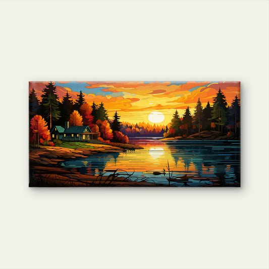 Sunset Lake Cabin Scenic Woodland Horizon Wall Art Canvas Office Home Framed 120x60cm