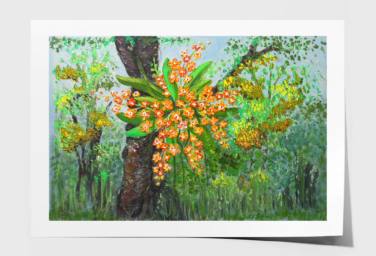 Orange Orchids on Tree Trunk Oil Painting Wall Art Limited Edition High Quality Print Unframed Roll Canvas None