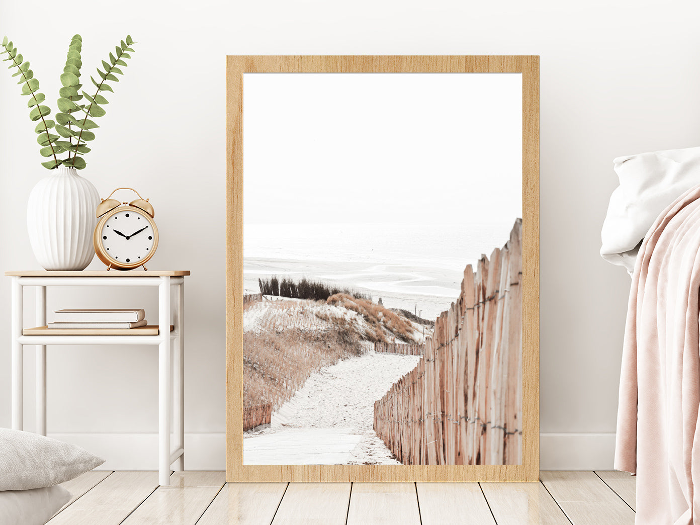 Foot Path to Sand Sea Faded Photograph Glass Framed Wall Art, Ready to Hang Quality Print Without White Border Oak