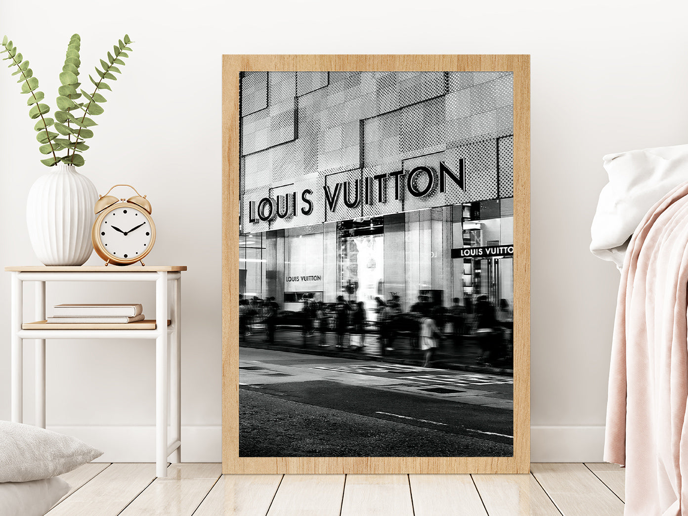 People near Fashion Store B&W Photograph Glass Framed Wall Art, Ready to Hang Quality Print Without White Border Oak