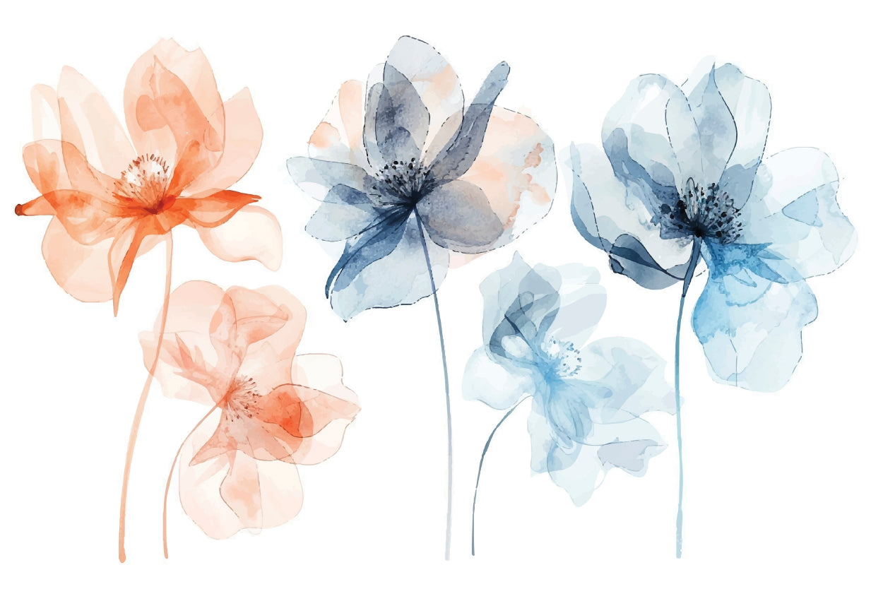 Soft Watercolor Flowers Pastel Peach and Blue Tones Wall Art Decor 100% Australian Made