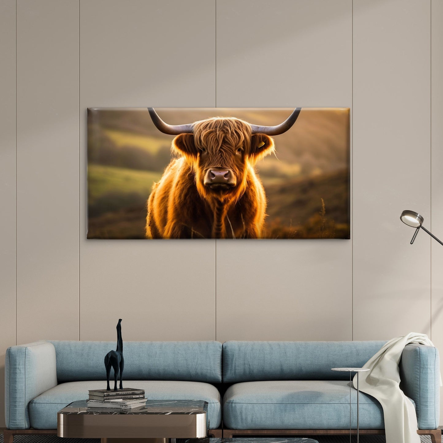 Highland Cow Longhorn Bull Country Farm Animal Wall Art Canvas Office Home Room Framed 120x60cm