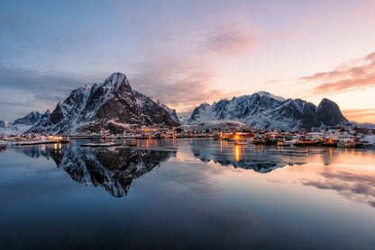 Fishing Village with Snow Mountain at Sunrise Home Decor Premium Quality Poster Print Choose Your Sizes