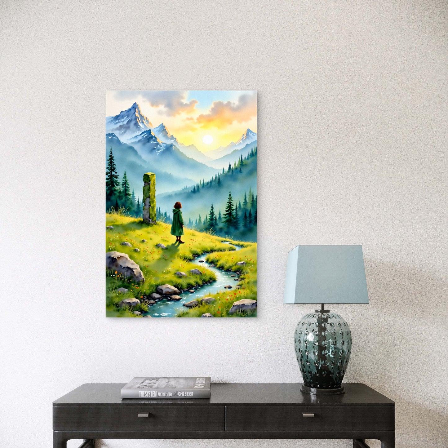 Girl at Green Alpine Valley 60x90cm Metal Print Ready to Hang