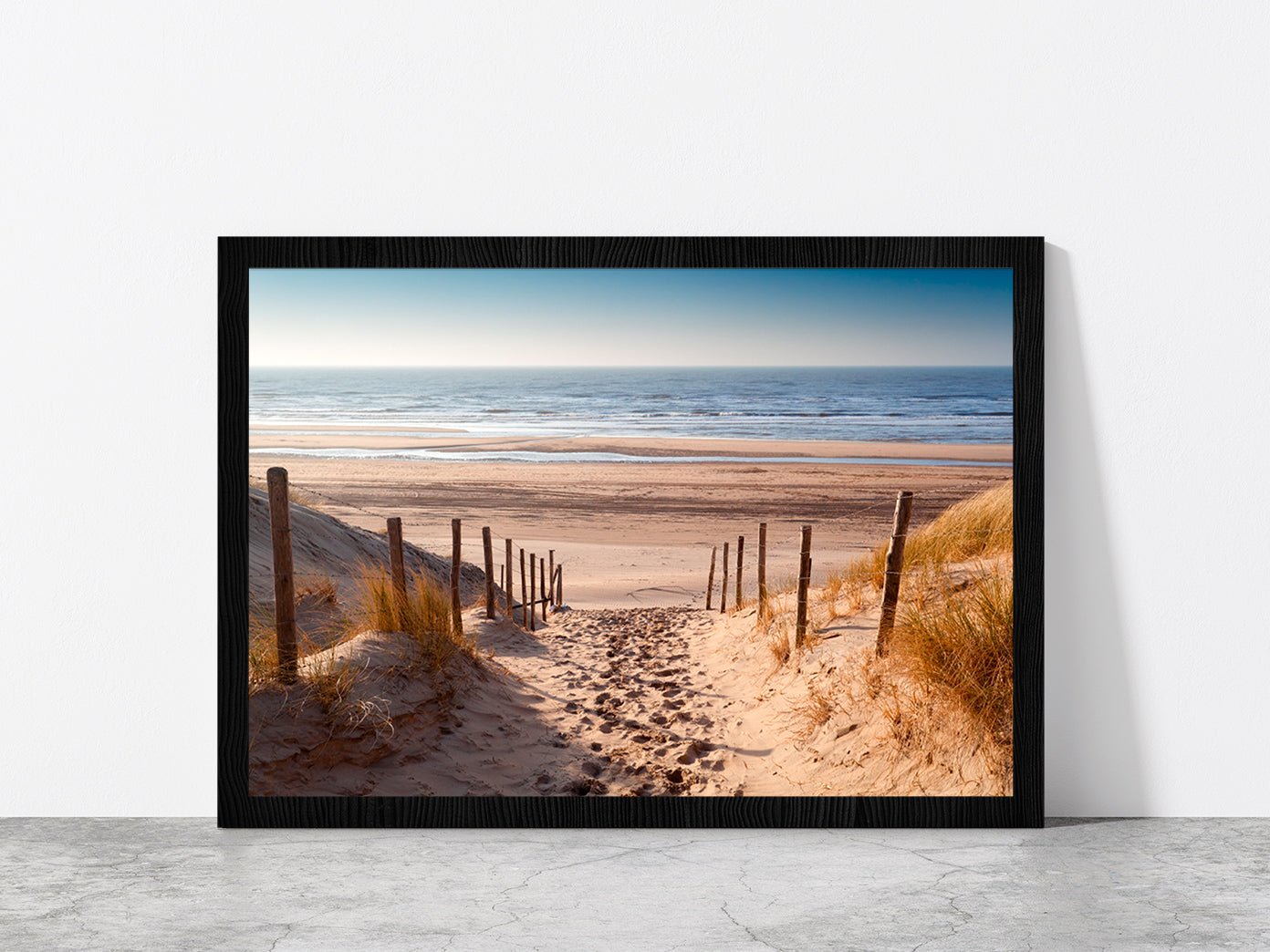 Sand Path To Sea Netherland Glass Framed Wall Art, Ready to Hang Quality Print Without White Border Black