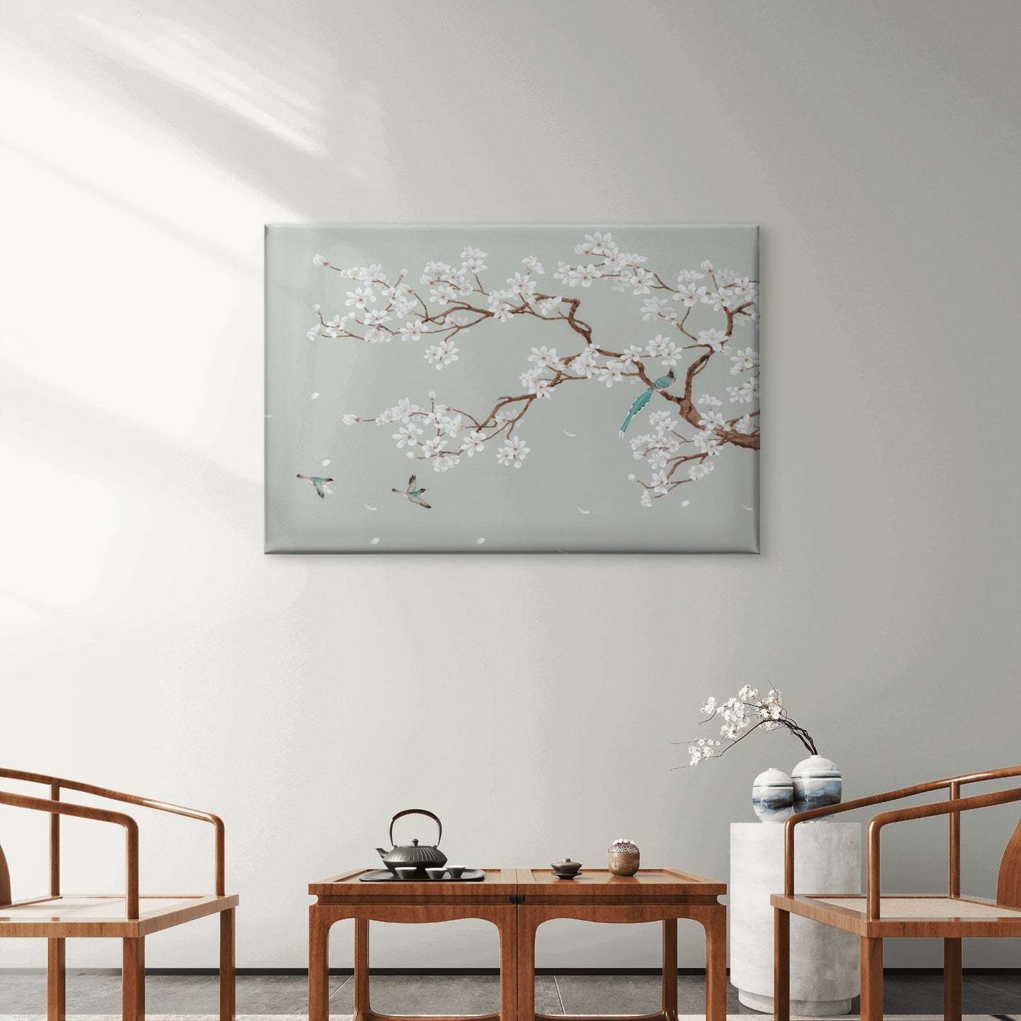 Chinoiserie Style Blooming Magnolia Tree Branch and Songbirds Wall Art Decor 100% Australian Made