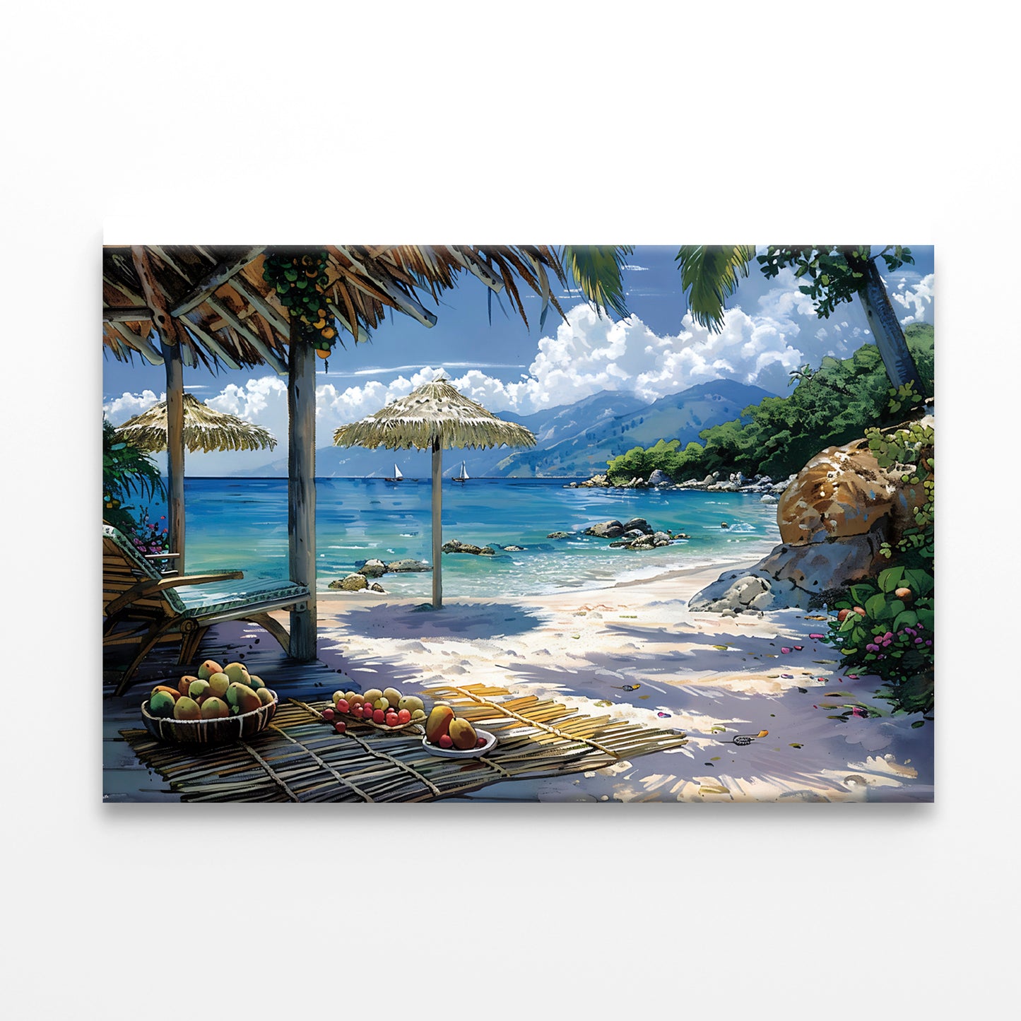 Beach with Umbrellas & Mountains View Print 100% Australian Made - Bella Home Decor