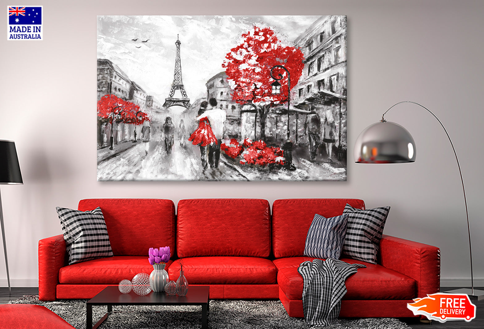 Eiffel Tower & Red Trees with Couple Watercolor Painting Wall Art Limited Edition High Quality Print