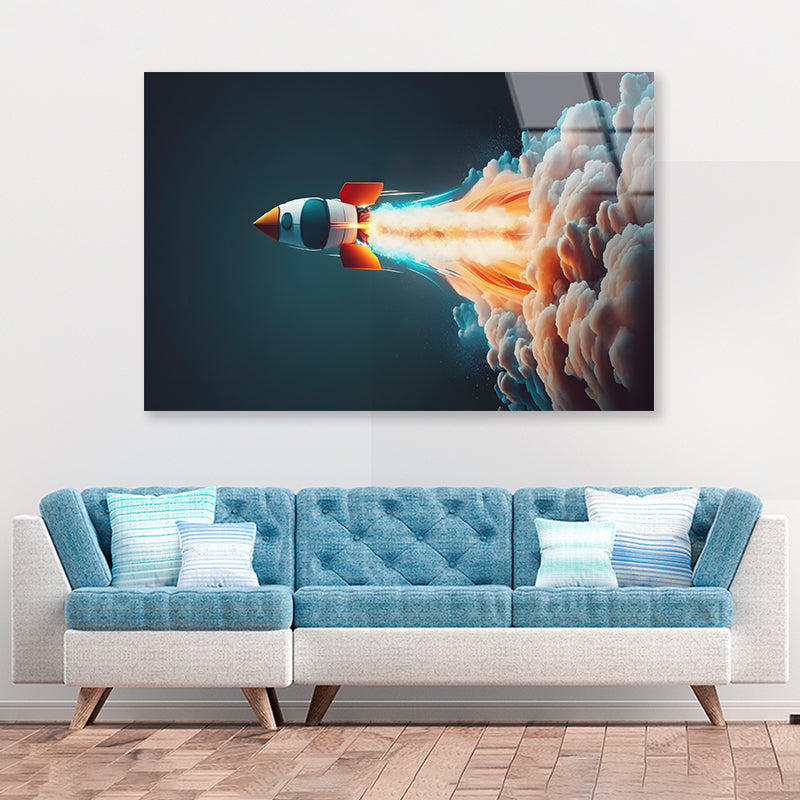 Rocket Launch on a Blue Background Acrylic Glass Print Tempered Glass Wall Art 100% Made in Australia Ready to Hang - Bella Home Decor