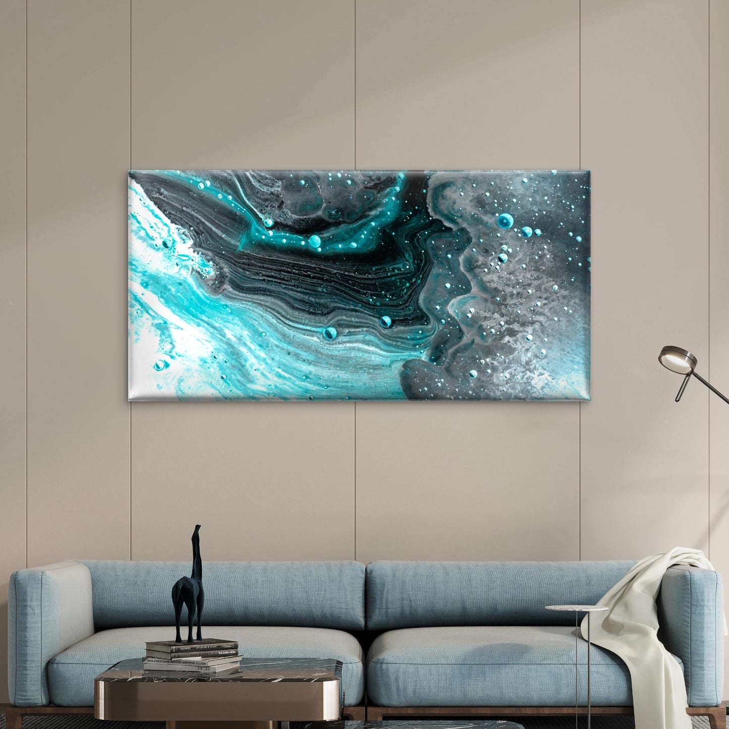 Teal Blue Fluid Marble Ocean Wave Wall Art Canvas Office Home Room Framed 120x60cm