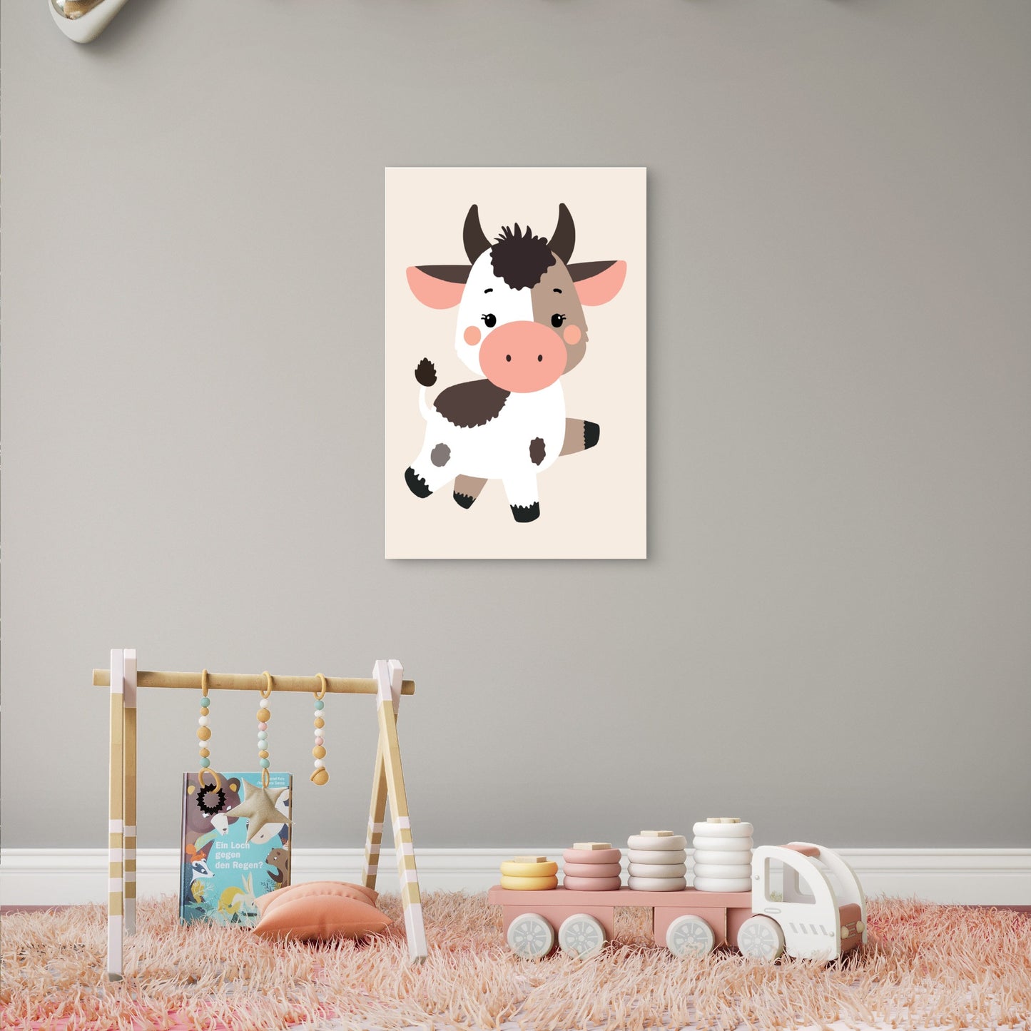 Cute Kawaii Cartoon Baby Cow 60x90cm Metal Print Ready to Hang