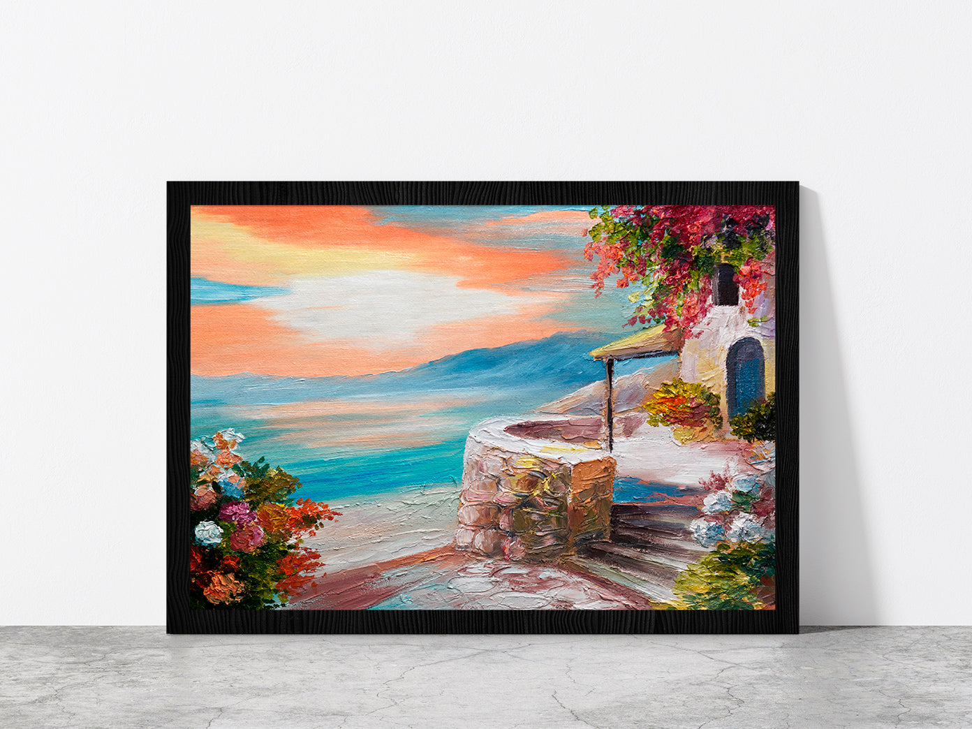 Greek Embankment Oil Painting Glass Framed Wall Art, Ready to Hang Quality Print Without White Border Black