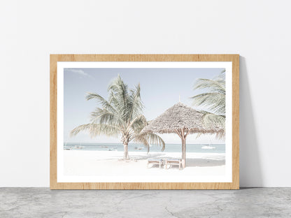 Palm Trees & Beach Hut with Chairs near Beach Glass Framed Wall Art, Ready to Hang Quality Print With White Border Oak