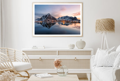 Fishing Village with Snow Mountain at Sunrise Home Decor Premium Quality Poster Print Choose Your Sizes