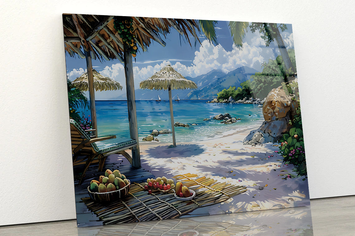 Beach with Umbrellas & Mountains View Acrylic Glass Print Tempered Glass Wall Art 100% Made in Australia Ready to Hang - Bella Home Decor