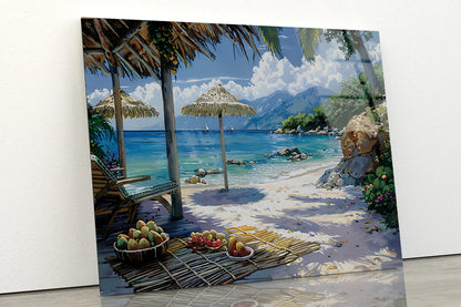 Beach with Umbrellas & Mountains View Acrylic Glass Print Tempered Glass Wall Art 100% Made in Australia Ready to Hang - Bella Home Decor