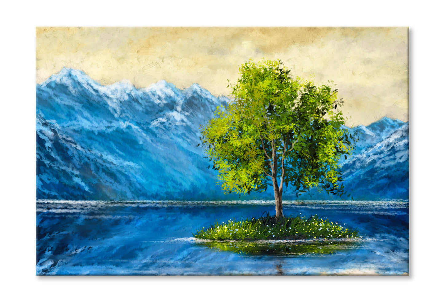 Alone Tree on Lake & Mountains Oil Painting Wall Art Limited Edition High Quality Print Stretched Canvas None