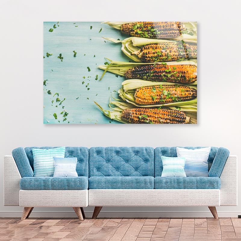 Lat-Lay of Grilled Sweet Corn with Smoked Sea Salt Acrylic Glass Print Tempered Glass Wall Art 100% Made in Australia Ready to Hang