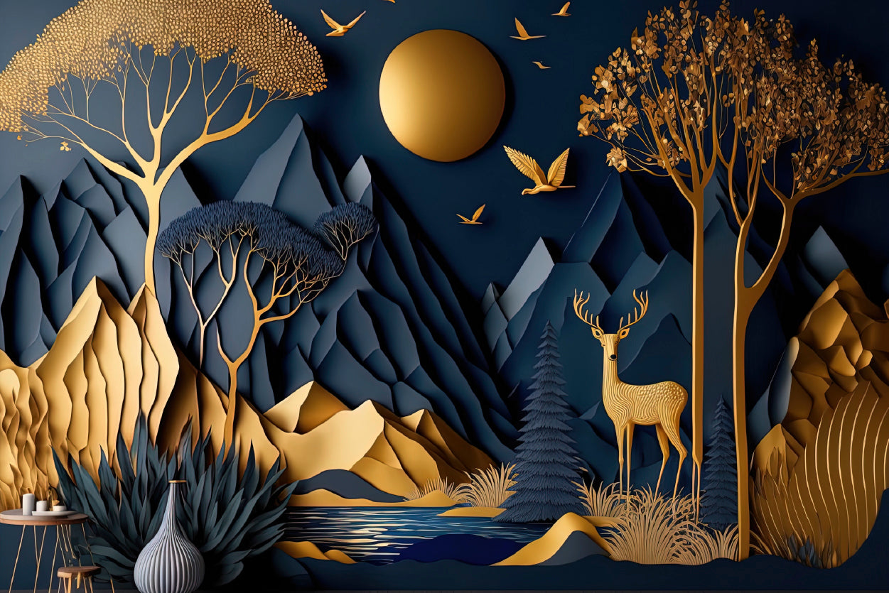 Mountains, Deer, Birds, Trees Painting Print 100% Australian Made - Bella Home Decor