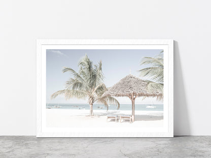 Palm Trees & Beach Hut with Chairs near Beach Glass Framed Wall Art, Ready to Hang Quality Print With White Border White