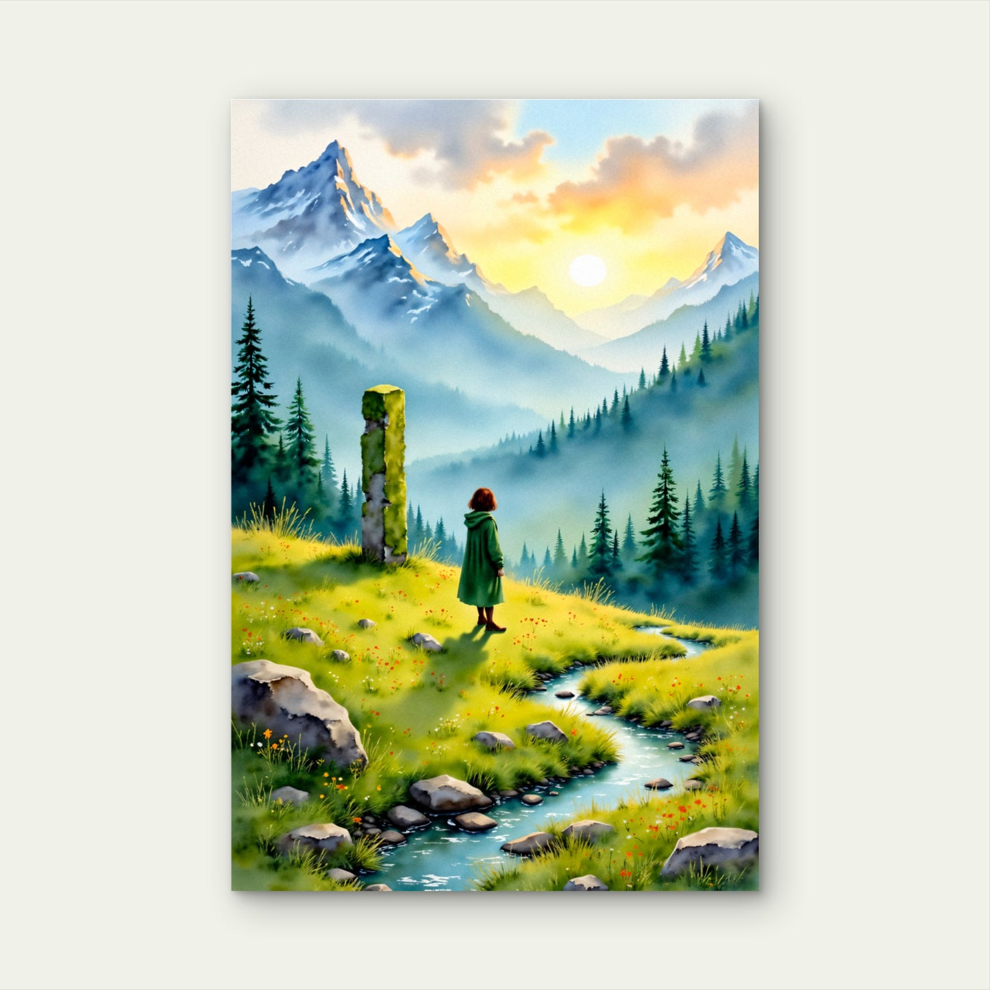 Girl at Green Alpine Valley 40x60cm Metal Print Ready to Hang