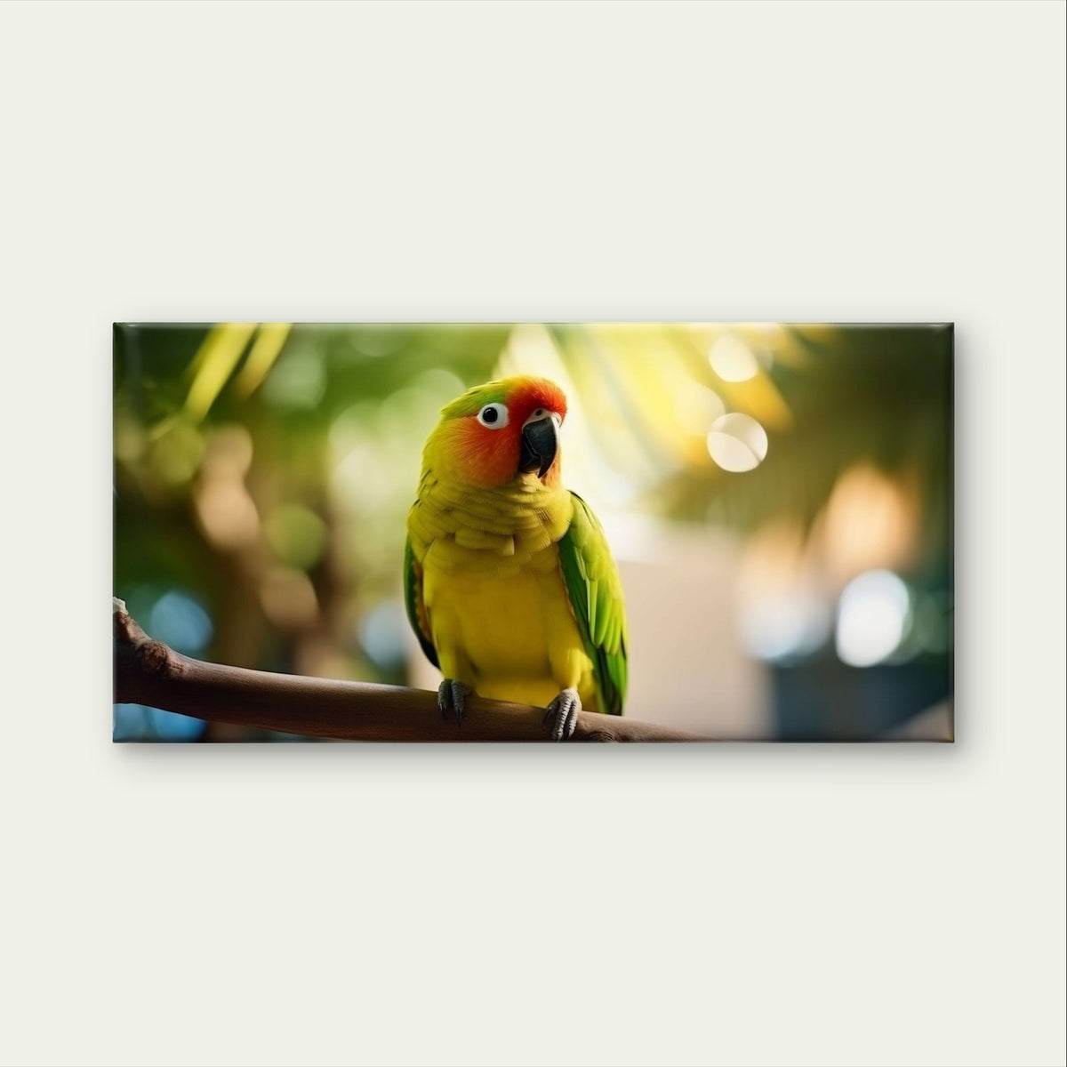 Tropical Green Yellow Parrot Bird Perched Branch Wall Art Canvas Office Home Framed 120x60cm - Bella Home Decor
