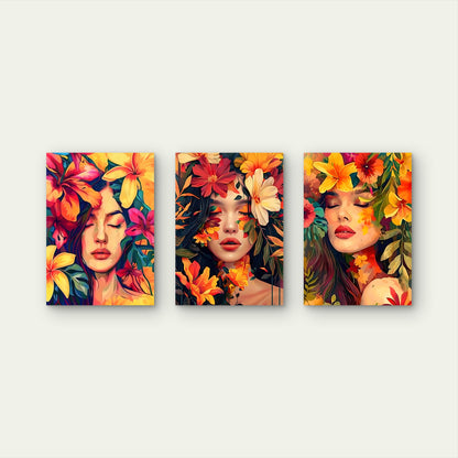 3pcs Vibrant Tropical Woman Flower Painting Wall Art Set Canvas Framed 40x60cm - High Quality Print 100% Australian Made Wall Canvas Ready to Hang