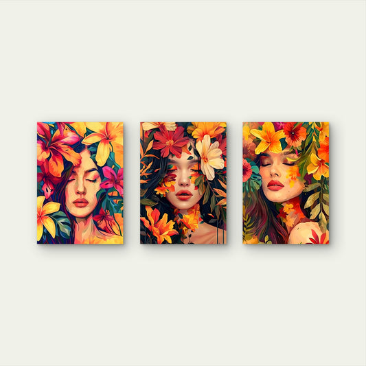 3pcs Vibrant Tropical Woman Flower Painting Wall Art Set Canvas Framed 40x60cm - High Quality Print 100% Australian Made Wall Canvas Ready to Hang