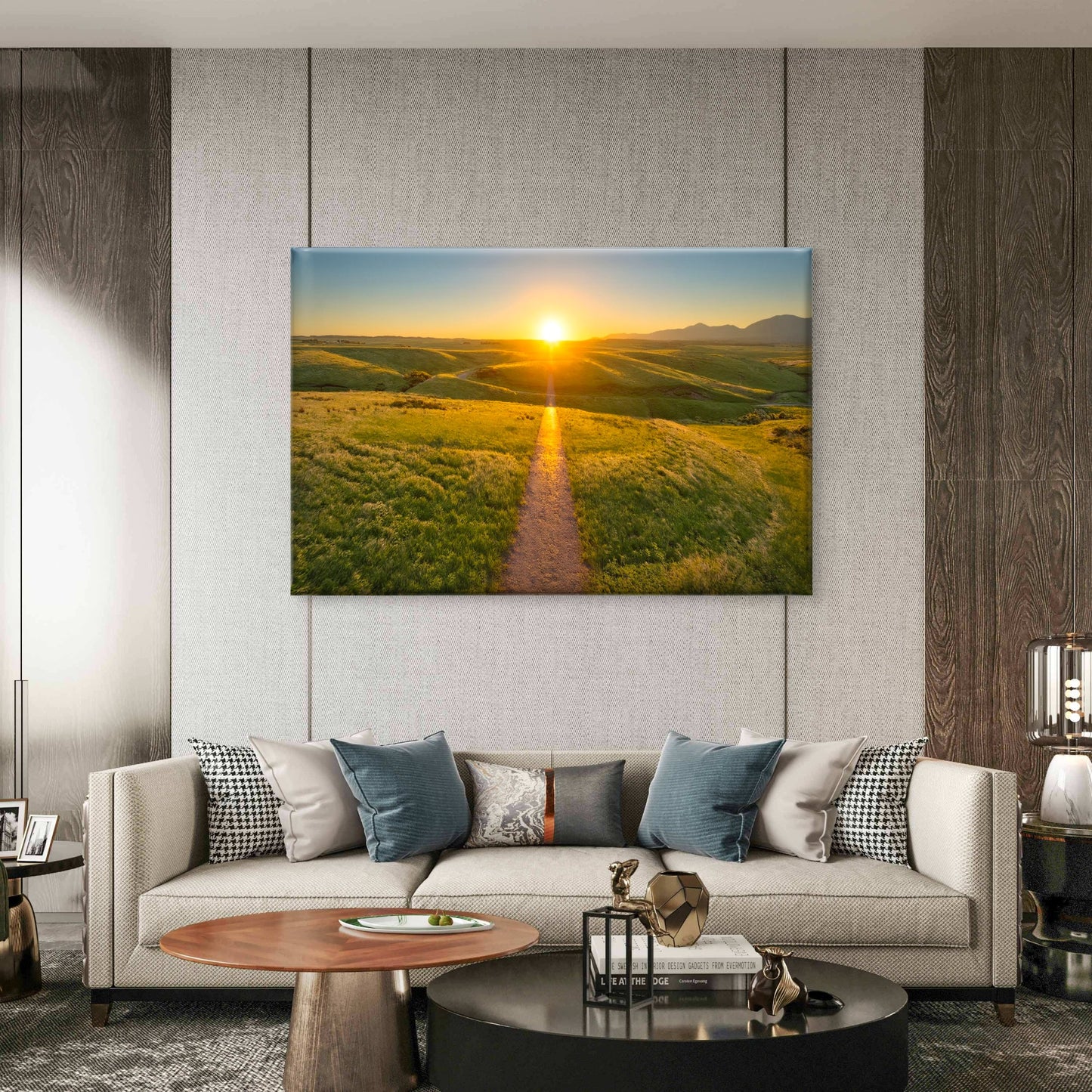 Sunset Pathway Running Through Rolling Green Hills Wall Art Decor 100% Australian Made - Bella Home Decor