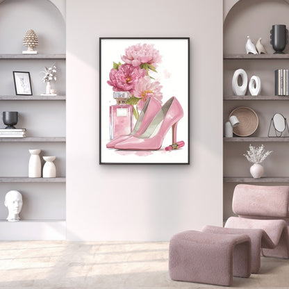 Pink High-Heel Shoes and Perfume Bottles Floral Fashion Home Decor Premium Quality Poster Print Choose Your Sizes
