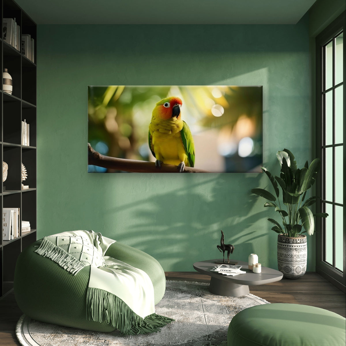 Tropical Green Yellow Parrot Bird Perched Branch Wall Art Canvas Office Home Framed 120x60cm - Bella Home Decor