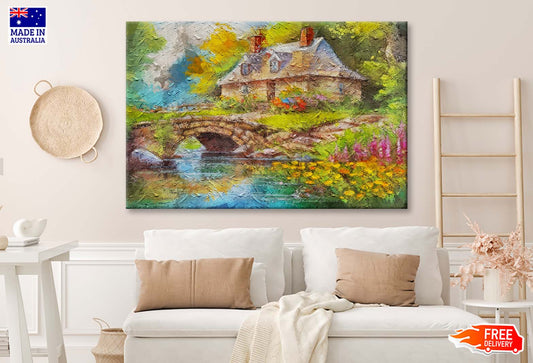 Depicting an Idyllic Cottage by a Creek with Wild Colorful Wild Flowers and a Stone Bridge Wall Art Limited Edition High Quality Print