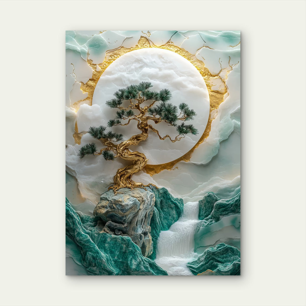 White Jade Gold Zen Bonsai 60x90cm Metal Print Ready to Hang
