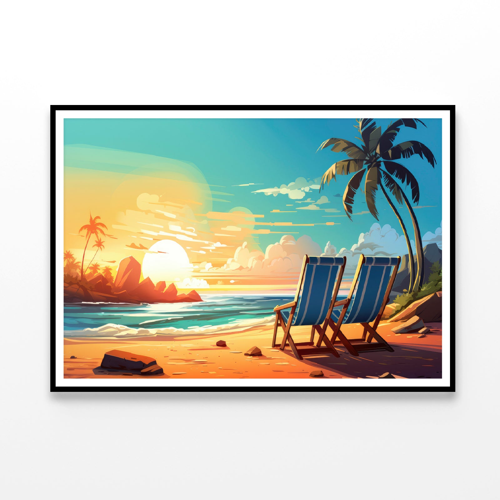Chairs on a Beach with Palm Trees and the Ocean Home Decor Premium Quality Poster Print Choose Your Sizes - Bella Home Decor