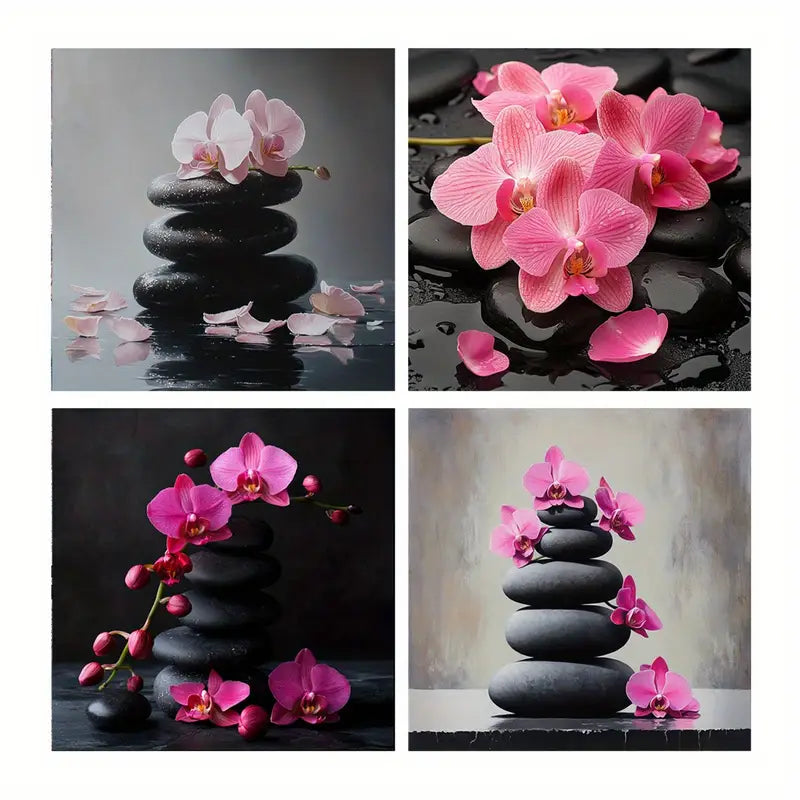 4pcs Black Stone With Pink Orchids Flower Print Wall Art Canvas Framed