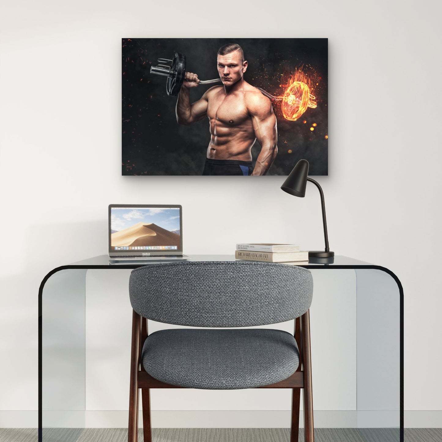 Muscular Bodybuilder Holding Flaming Barbell Gym Fitness 5mm thick Plastic Poster Ready to Hang 90x60cm