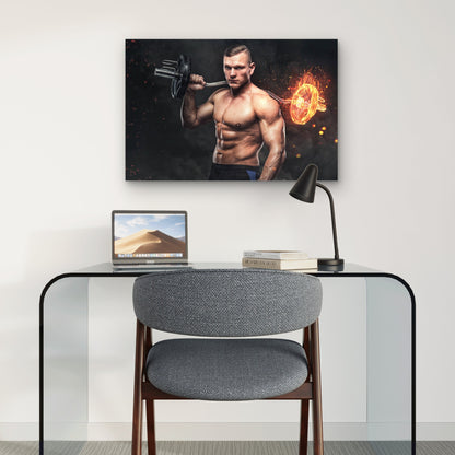 Muscular Bodybuilder Holding Flaming Barbell Gym Fitness 5mm thick Plastic Poster Ready to Hang 90x60cm