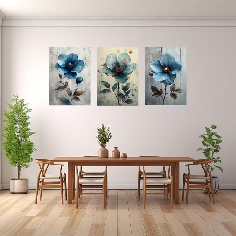3pcs Modern Bohemian Blue And Gray Flowers  Wall Art Set Canvas Framed 40x60cm - High Quality Print 100% Australian Made Wall Canvas Ready to Hang
