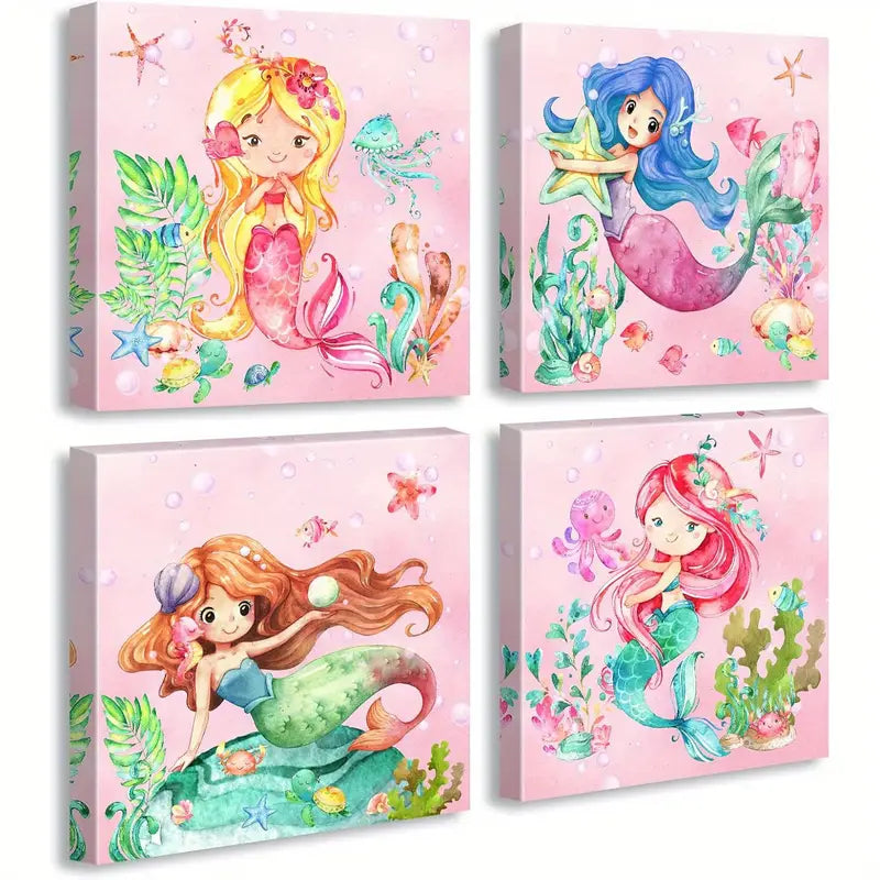 4pcs Watercolor Cute Pink Mermaid Pictures Wall Art Canvas Framed