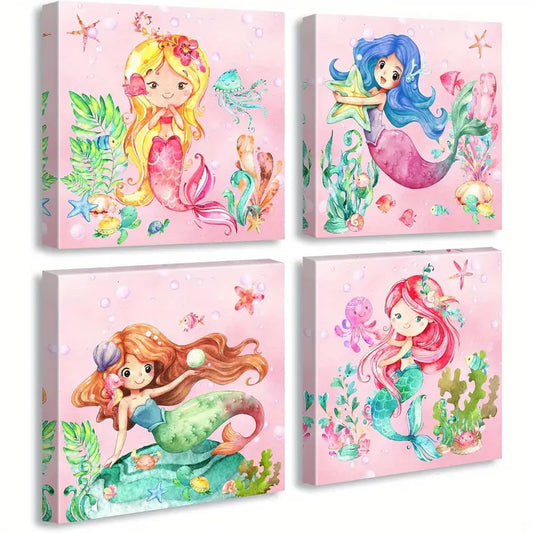4pcs Watercolor Cute Pink Mermaid Pictures Wall Art Canvas Framed