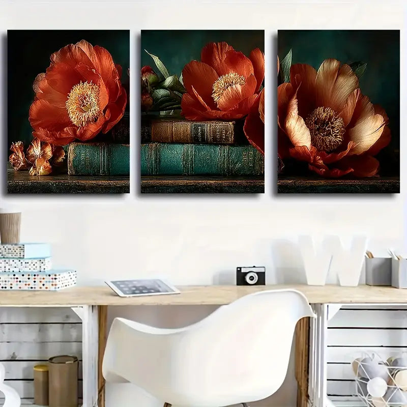 3pcs Coral Peonies Resting On Old Books,Metal Print Ready to Hang Art - Bella Home Decor