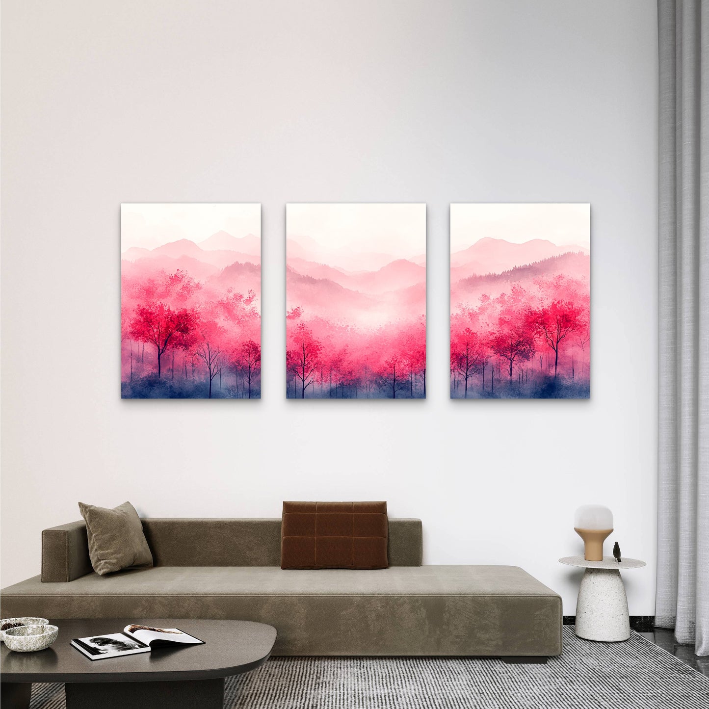 3pcs Pink Forest Misty Mountains Triptych Wall Art Set Canvas Framed 60x90cm - High Quality Print 100% Australian Made Wall Canvas Ready to Hang - Bella Home Decor