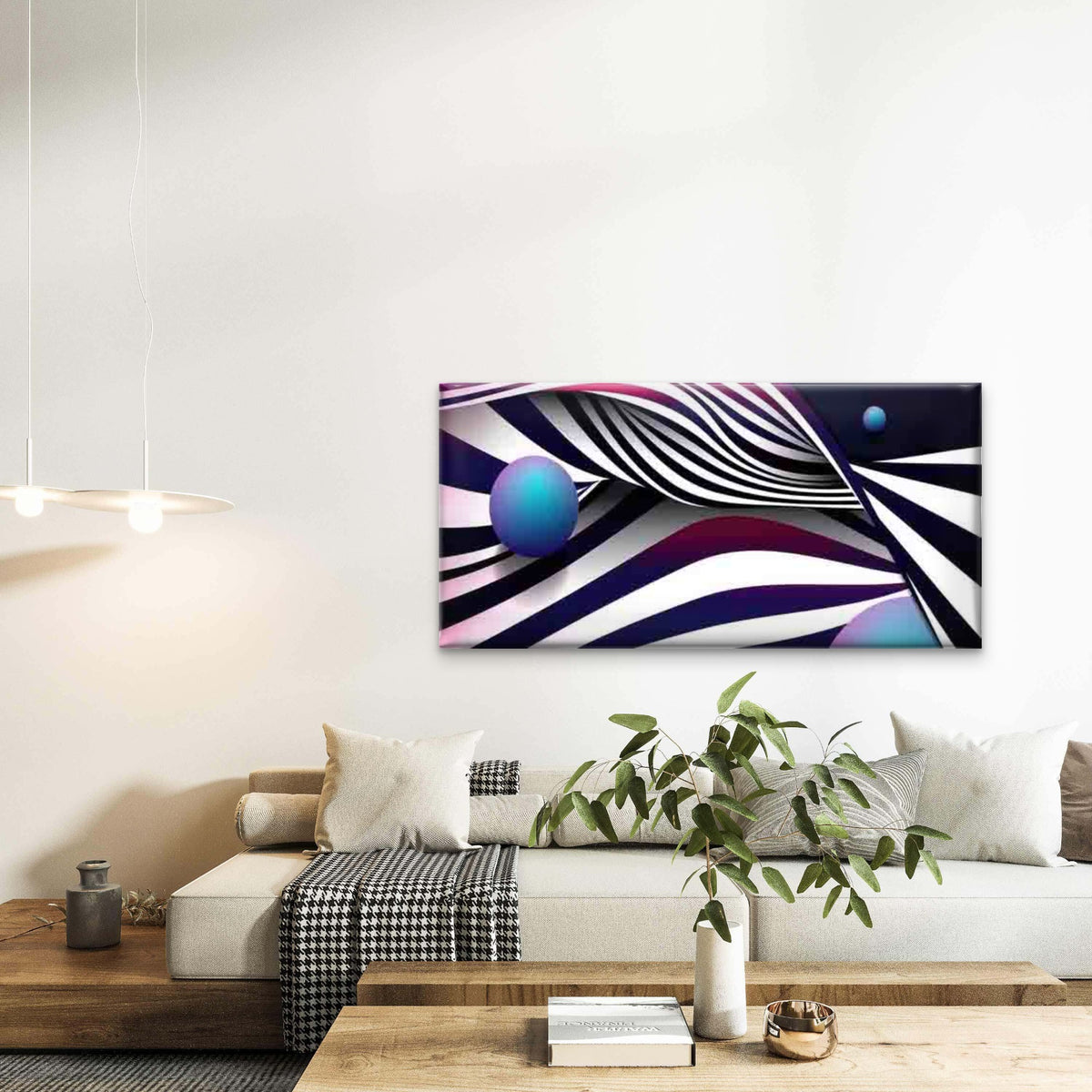 Abstract Wavy Lines And Spheres Wall Art Canvas Office Home Room Framed 120x60cm