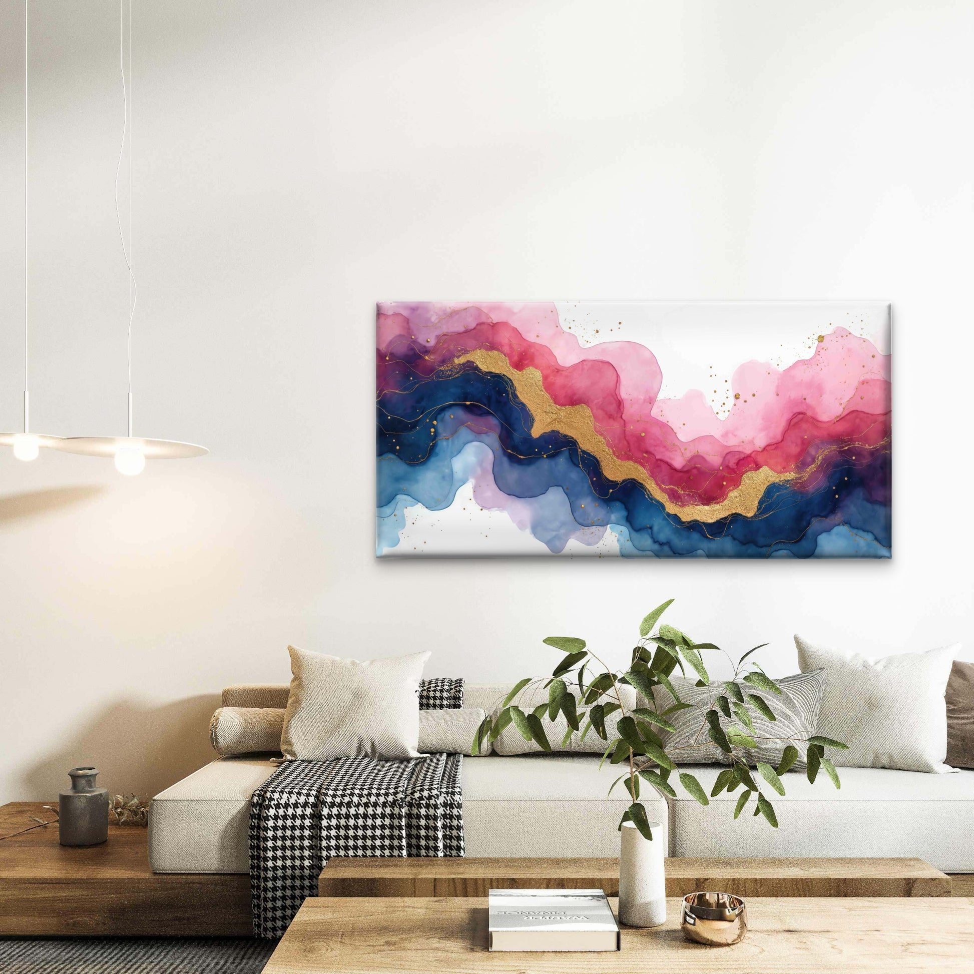 Gold Pink Blue Alcohol Ink Wall Art Canvas Office Home Room Framed 120x60cm - Bella Home Decor