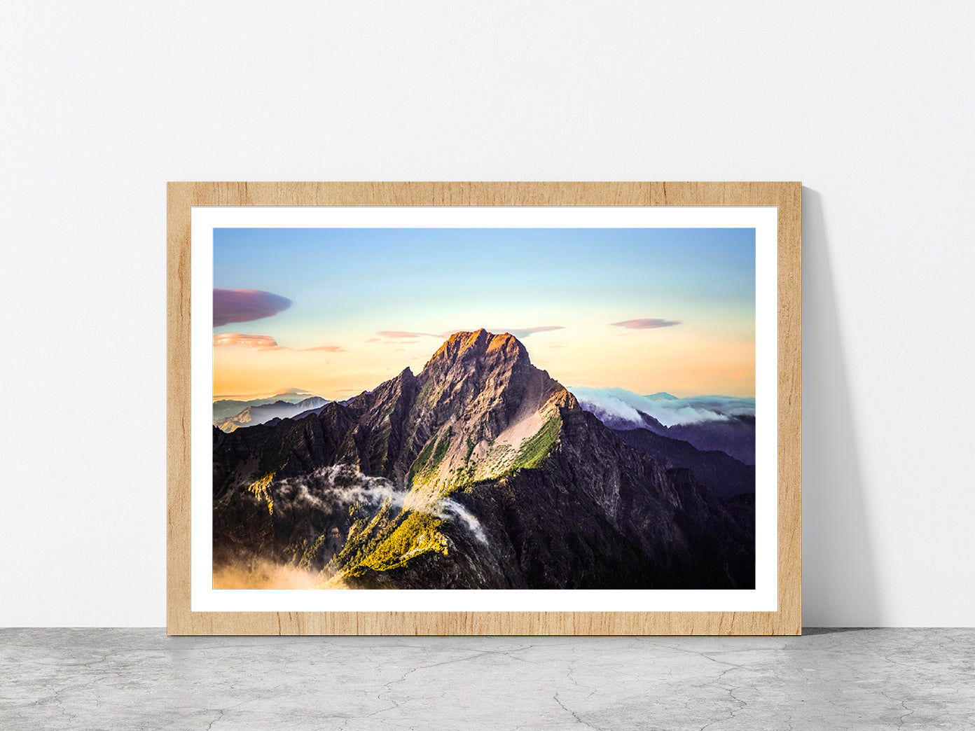 Sunrise Over The Mountains Taiwan Glass Framed Wall Art, Ready to Hang Quality Print With White Border Oak