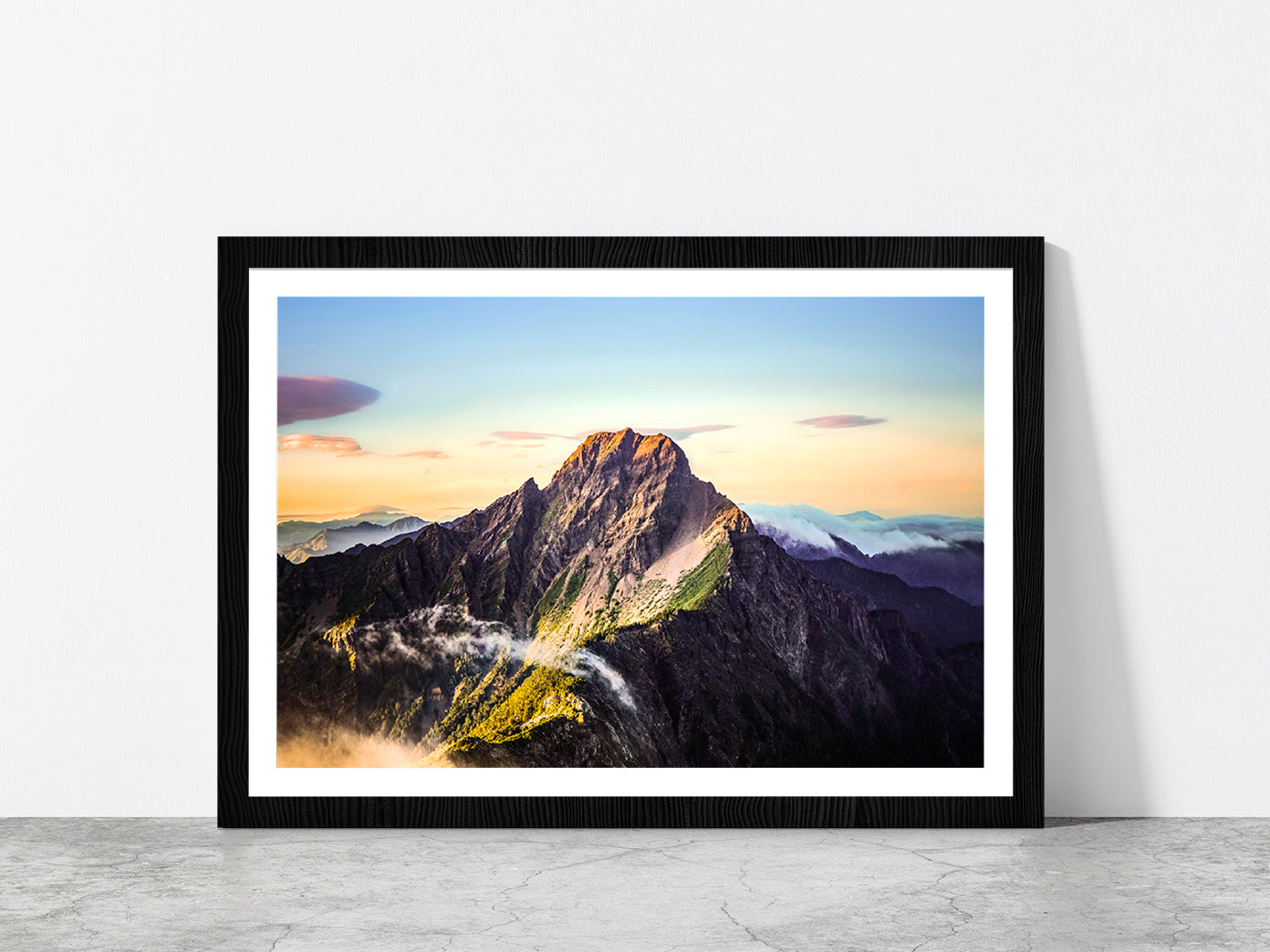 Sunrise Over The Mountains Taiwan Glass Framed Wall Art, Ready to Hang Quality Print With White Border Black