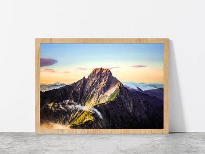 Sunrise Over The Mountains Taiwan Glass Framed Wall Art, Ready to Hang Quality Print Without White Border Oak