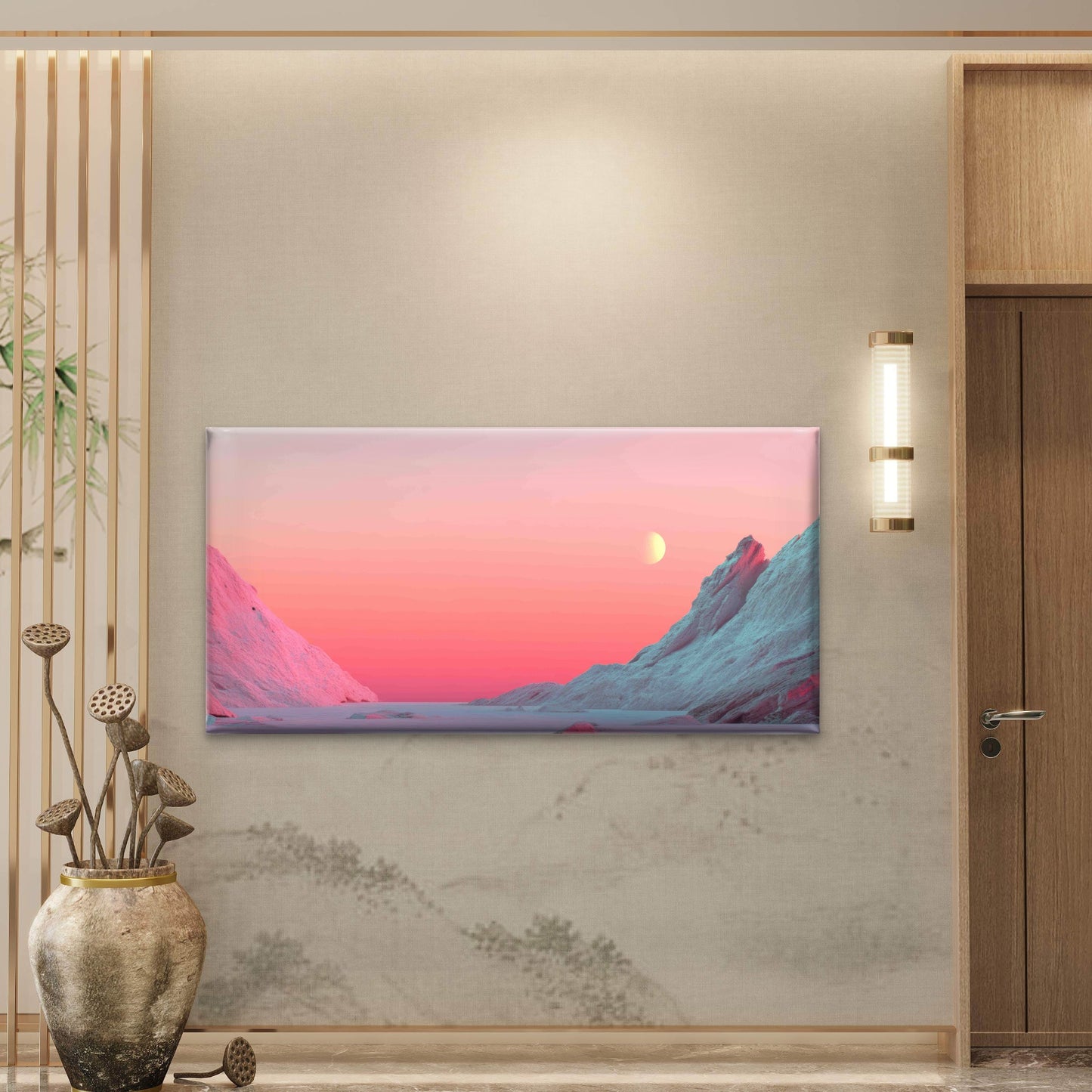 Pink Landscape With Mountains Wall Art Canvas Office Home Room Framed 120x60cm - Bella Home Decor