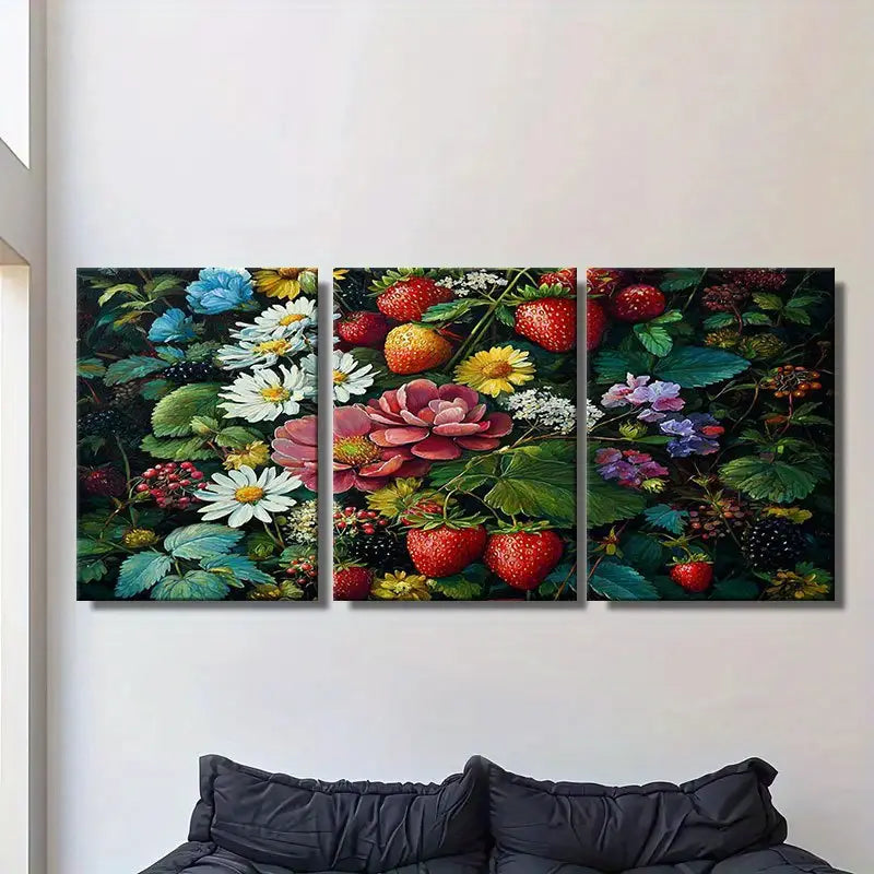 3pcs Vibrant Wildflower & Strawberry Canvas Metal Print Ready to Hang Art