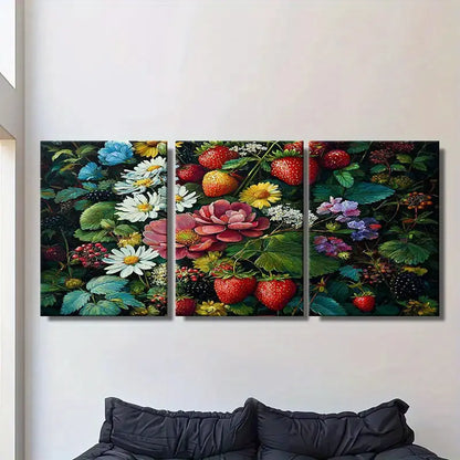 3pcs Vibrant Wildflower & Strawberry Canvas Metal Print Ready to Hang Art